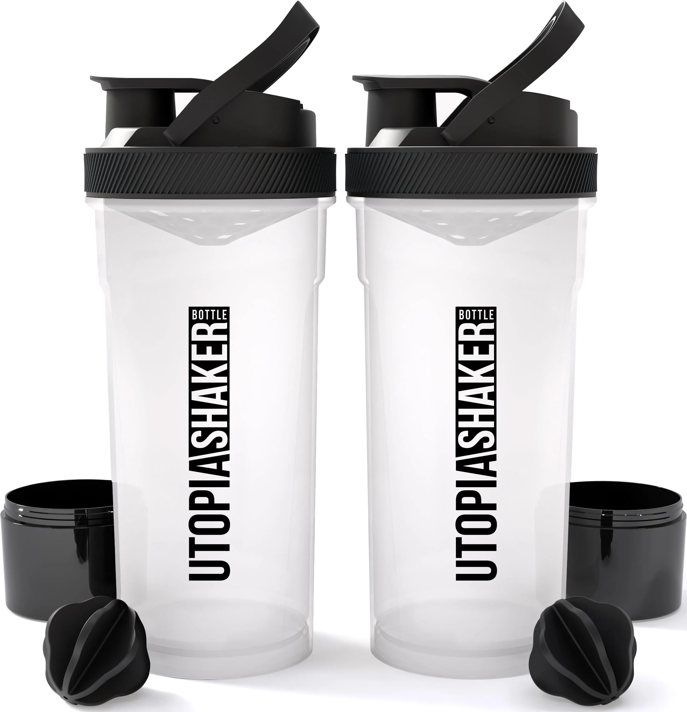 Image of Utopia Home Shaker Bottle 2 Pack - 24 Ounce Plastic Protein or Cocktail Shaker Bottle for Pre & Post workout with Twist & Lock Protein Box Storage (Clear/Black)