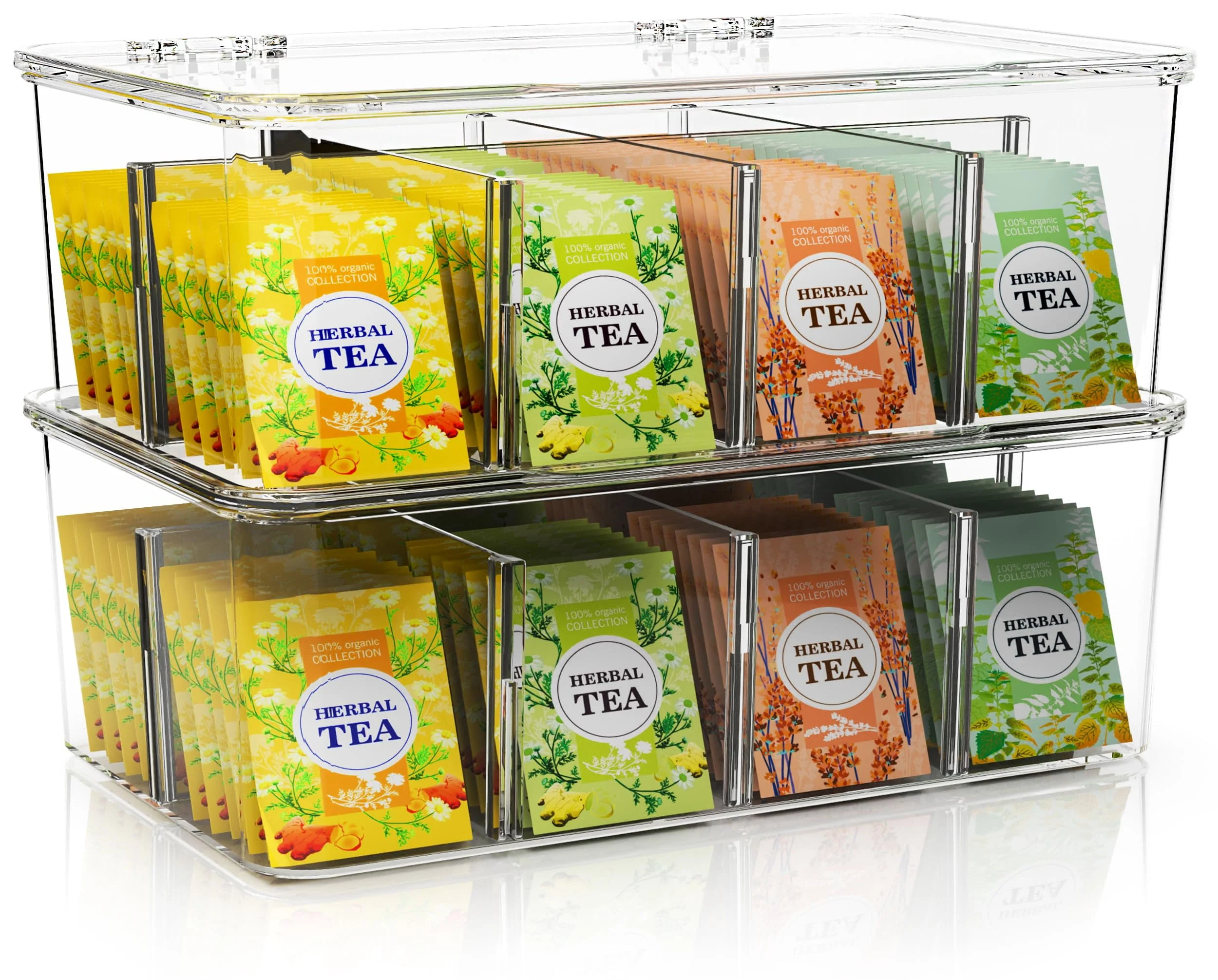 Image of Utopia Home - Tea Bag Organizer With Lids, 2 Pack Clear Pantry Storage Box - Stackable Partition Organizers or Holder With Lids For Drawers, Countertops, Fridge, Kitchen, Snack & Spice Organization