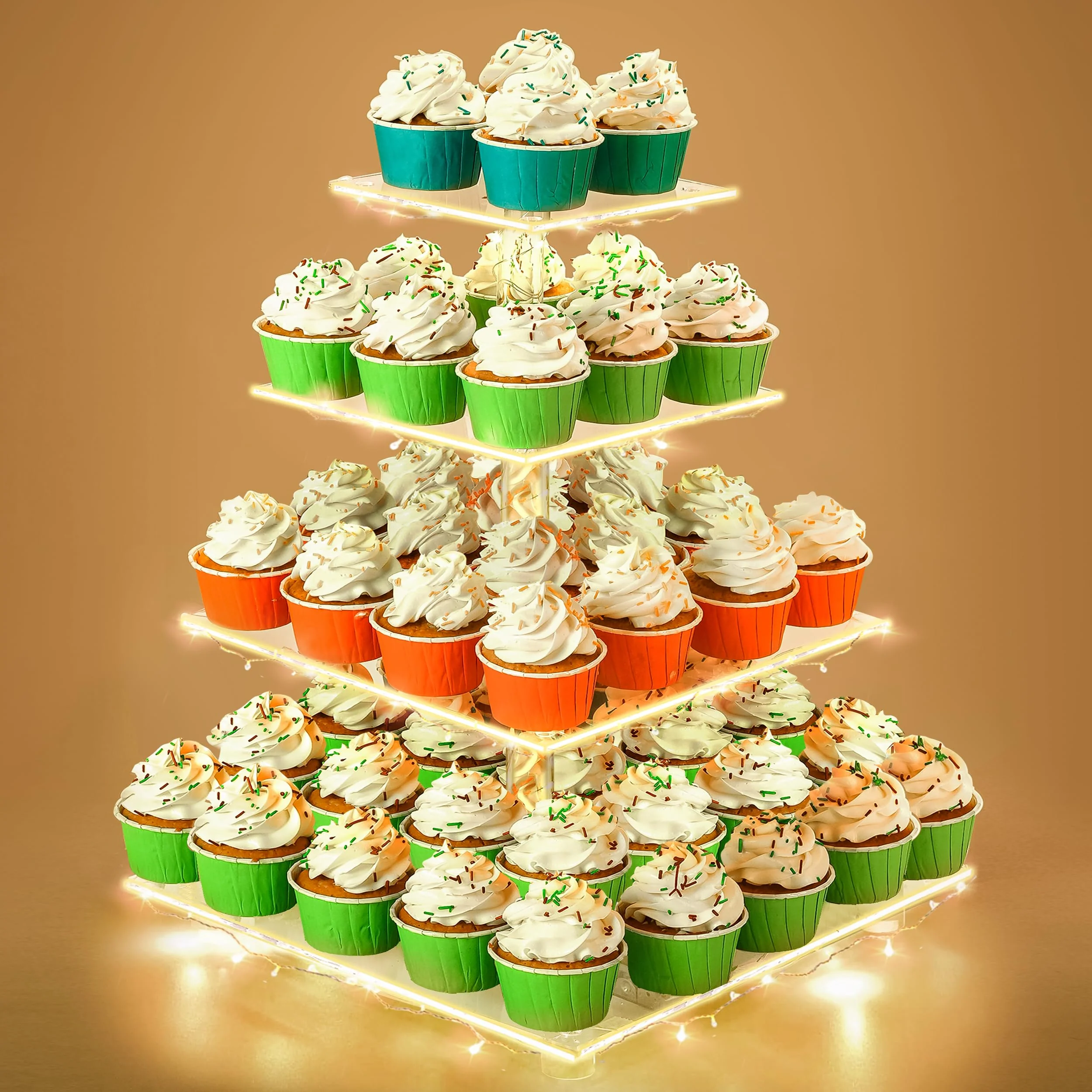 Image of Utopia Home - Square Acrylic Cupcake Stand with Red LED Light Strings - 4 Tier Premium Cupcake Tower - Cup Cake Tier Stand for Dessert Table - Ideal for Weddings Birthday Parties