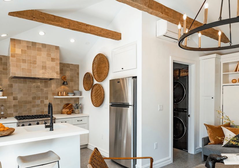Faux wood beams installed in small dwelling unit remodel. 8 foot ceiling with faux wood beams