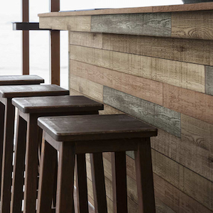 faux wood wall panel seen in modern home bar design surround 