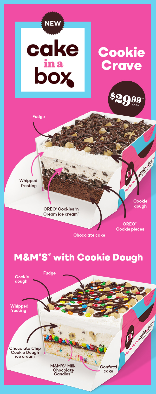 Cookie Crave and M&MS with Cookie Dough Cake in a Box Images. TEXT: Cake in a Box. Cookie Crave: Chocolate Cake, OREO Cookie Pieces, Cookie Dough, Fudge, Whipped frosting. M&MS with Cookie Dough: Confetti Cake, Chocolate Chip Cookie Dough ice cream, M&MS Milk Chocolate Candies, Cookie Dough, Fudge. $29.99 Each.