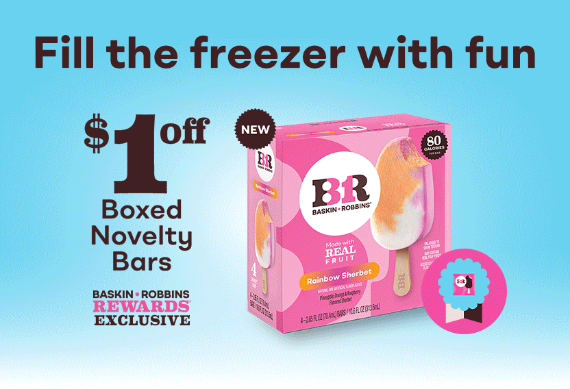 Images of Polar Pizza Ice Cream Treats, Pre-Packed Quarts of Mint Chocolate Chip, Very Berry Strawberry, and Gold Medal Ribbon Ice Cream, and Rainbow Sherbet Boxed Novelty Bars with $1 off Icon. TEXT: Fill the freezer with fun