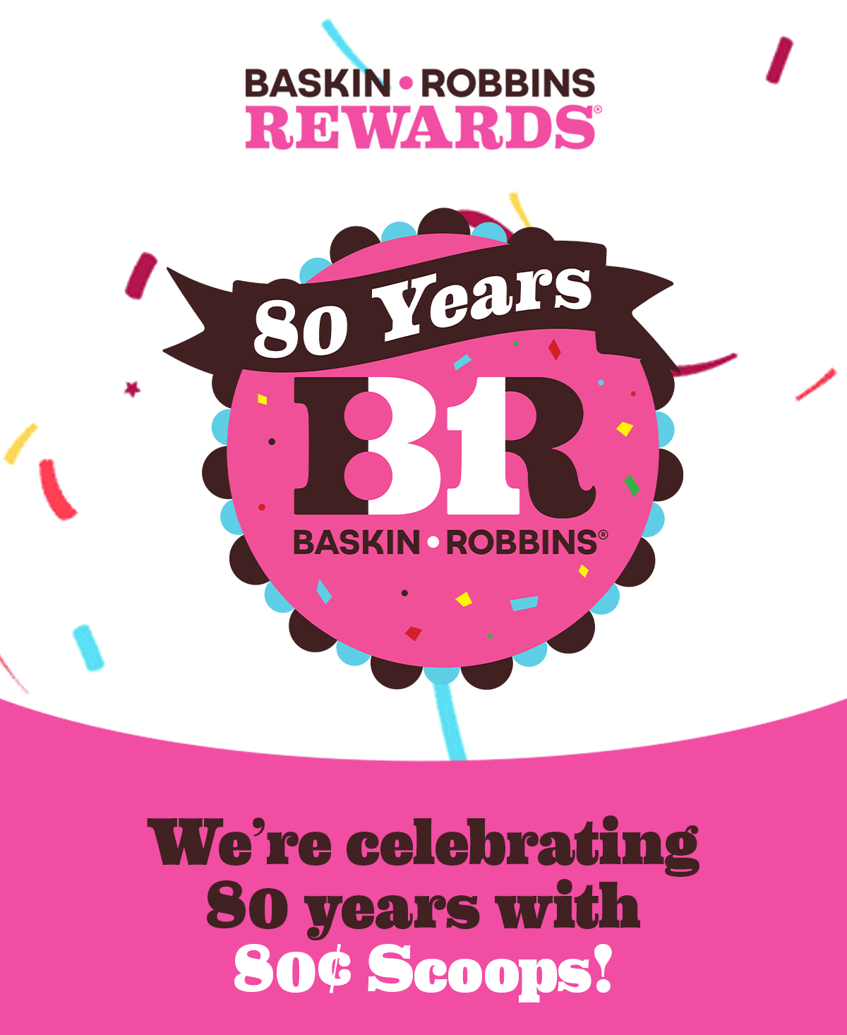 Scoops with confetti. We're celebrating 80 years with 80¢ Scoops!