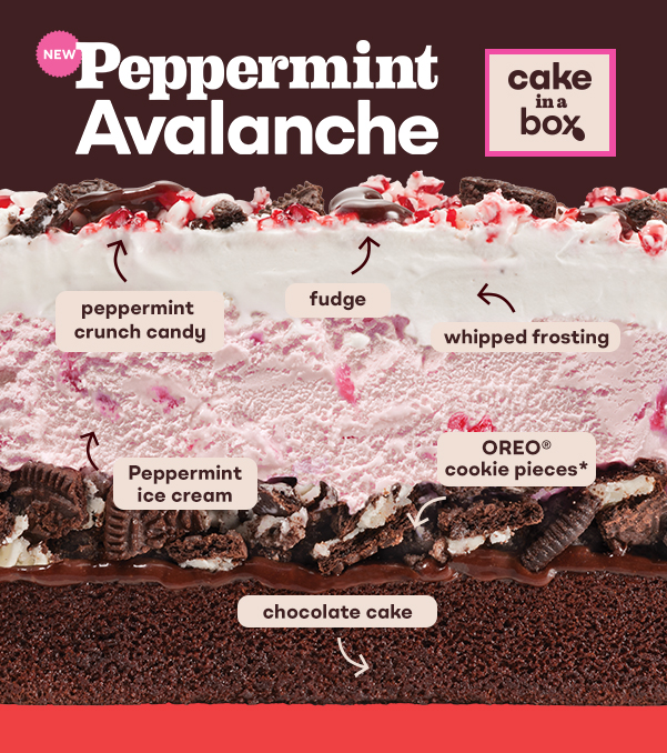 Peppermint Avalanche Cake in a Box with flavor descriptions: chocolate cake, OREO® cookie pieces, peppermint ice cream, whipped frosting, fudge & peppermint crunch candy.