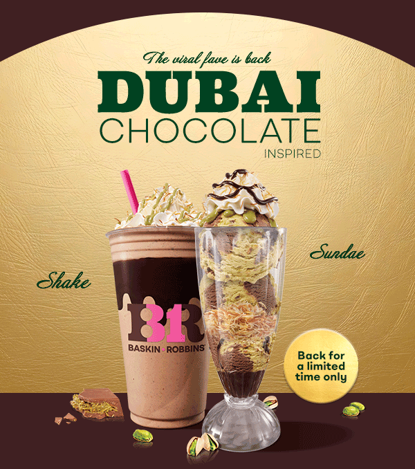 Dubai Chocolate Inspired Shake & Sundae & scoop of Pistachio Chocolate Bar Ice Cream “The viral fave is back”