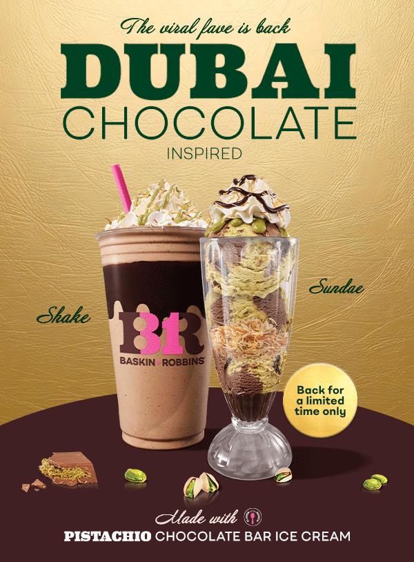 Dubai Chocolate Inspired Shake, Sundae & Cake in a Box. The viral fave is back.