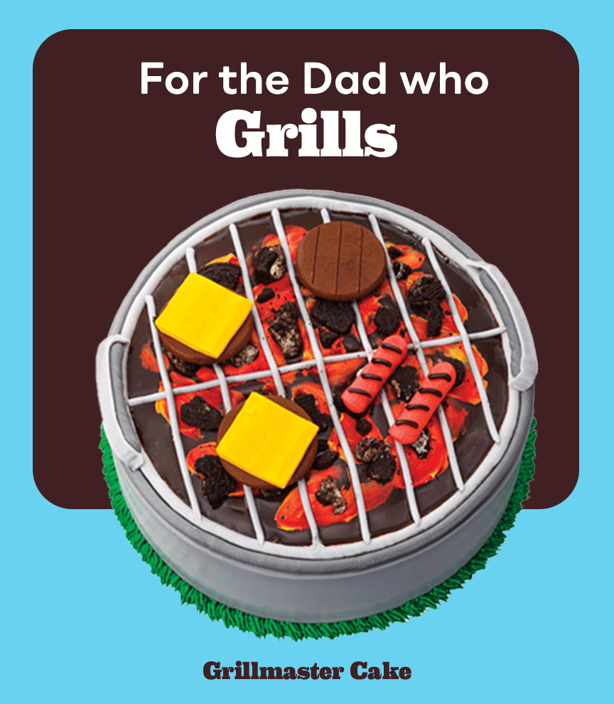 Gif cycling through Father’s Day Cakes. Grillmaster Cake for the dad who grills, Best Dad by Par Cake for the dad who golfs and The Cold One Cake for the dad who kicks back.