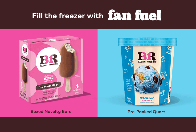 Fresh-Pack, Pre-Packed Quart, Cotton Candy & Chocolate Chip Boxed Novelty Bars. Fill the freezer with fan fuel.