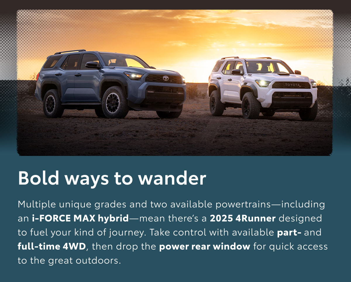 Under a setting sun, two 4Runners are parked in a remote area. Explore 4Runner.