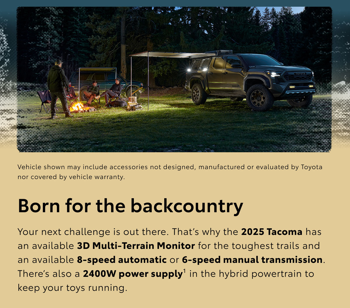 On a grassy area, three men sit around a campfire next to a parked Tacoma. Explore Tacoma.