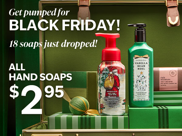 Get pumped for Black Friday! 18 soaps just dropped! All Hand Soaps $2.95.