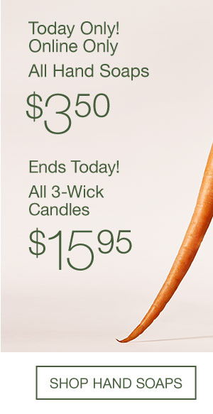Today only! Online only! All Hand Soaps $3.50. Ends today!  All 3-Wick Candles $15.95. SHOP SOAPS.