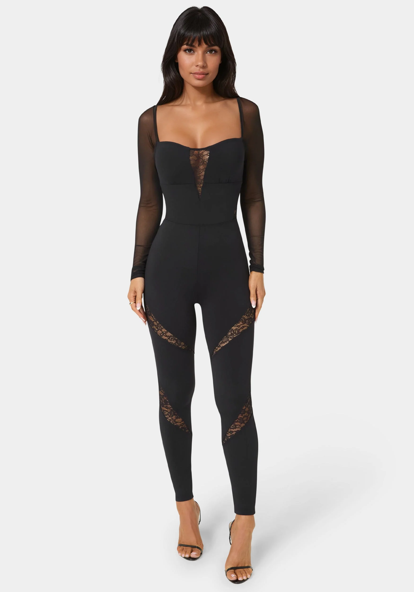 Image of Mesh Sleeve Lace Insert Catsuit