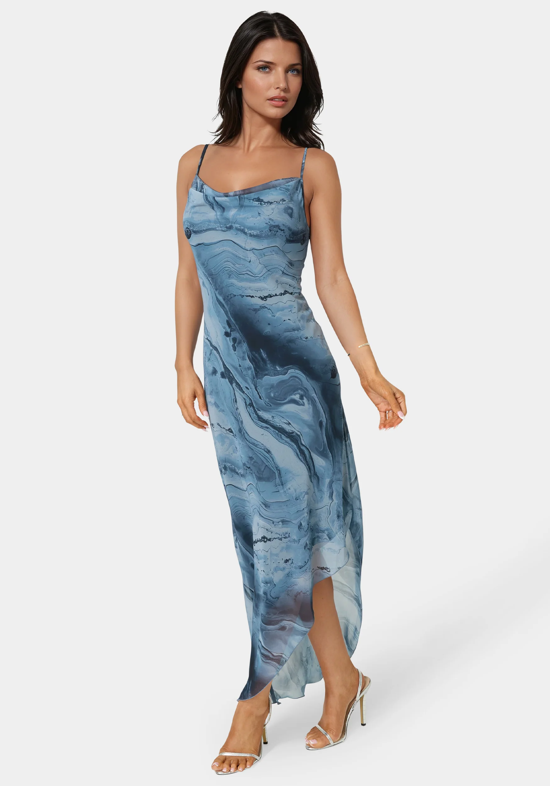 Image of Printed Chiffon Cowl Asymmetrical Maxi Dress