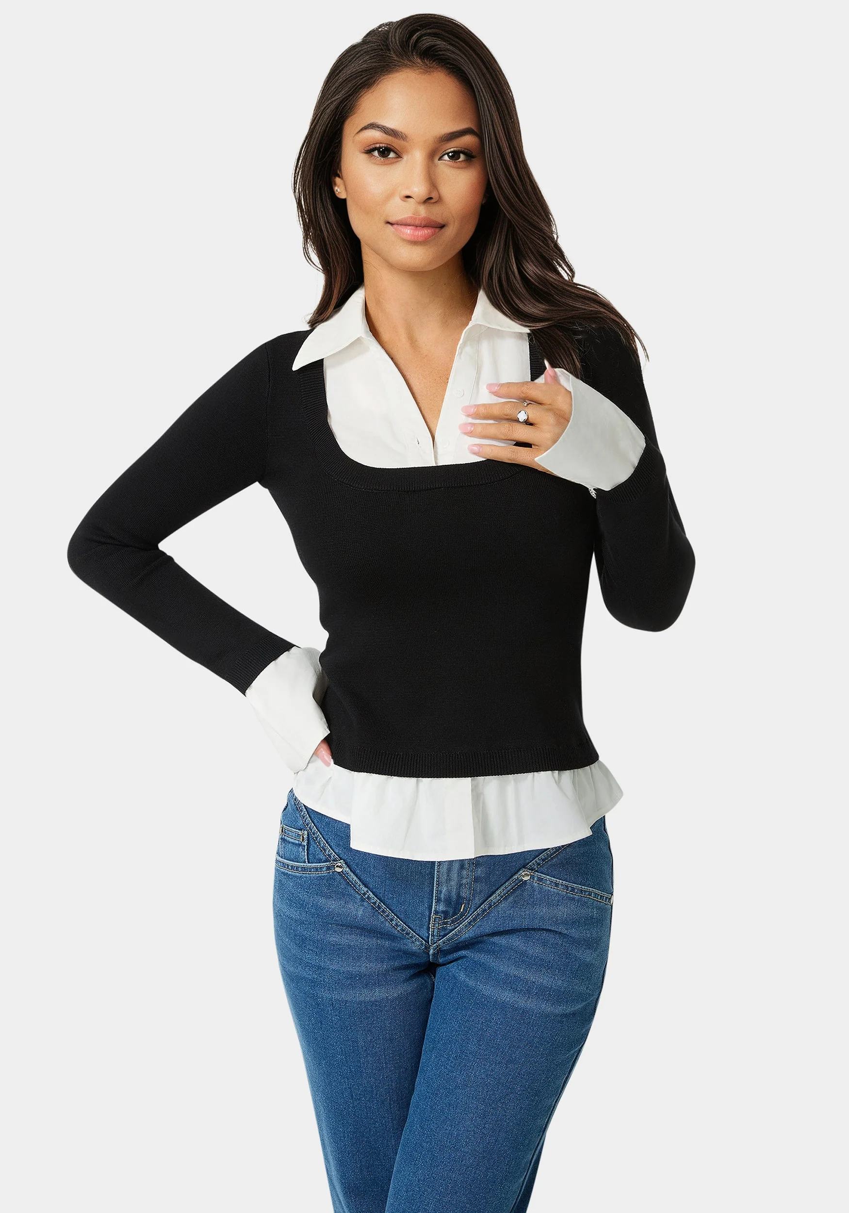 Image of Poplin Combo Fooler Sweater