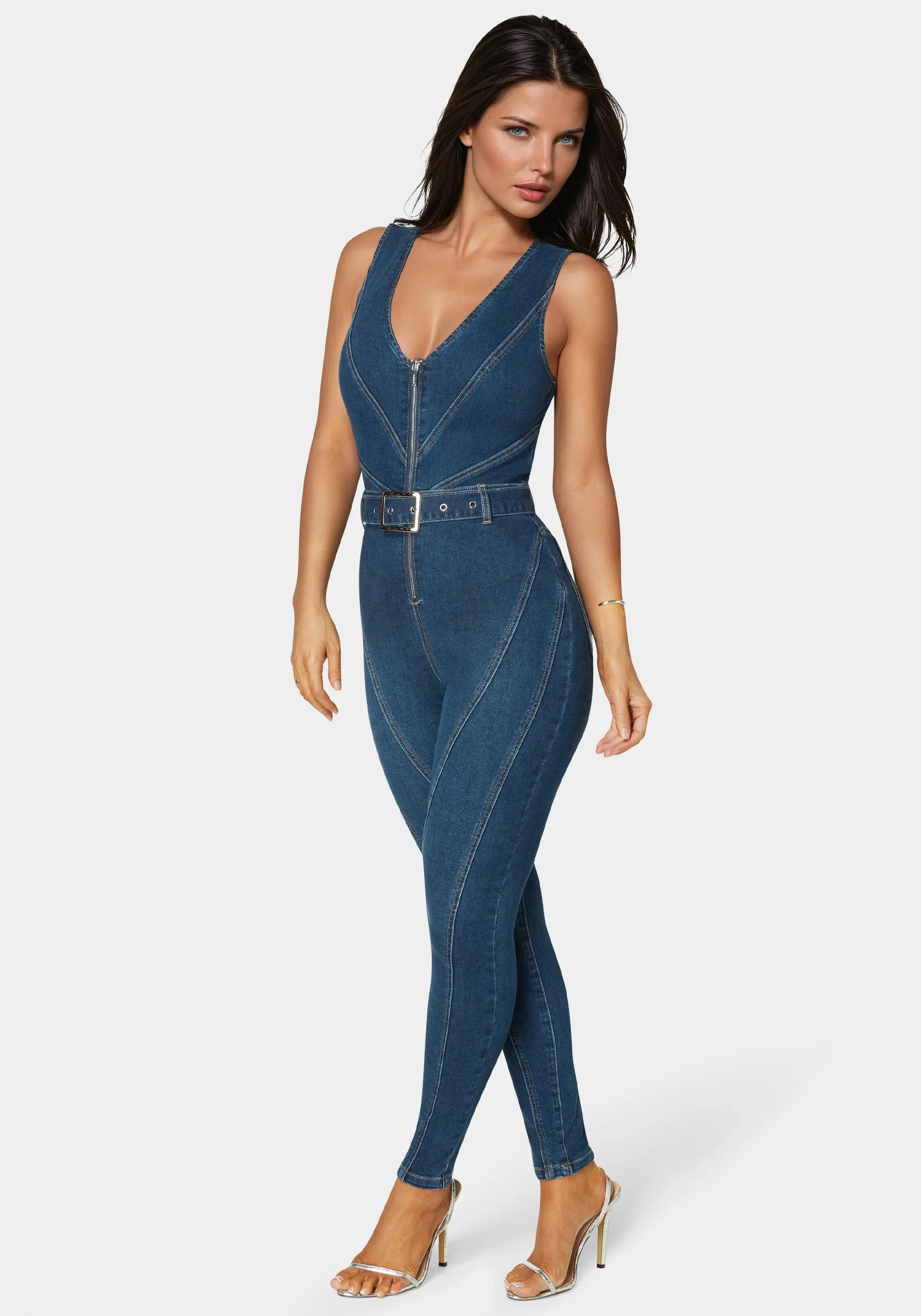 Image of Belted Skinny Leg Denim Jumpsuit