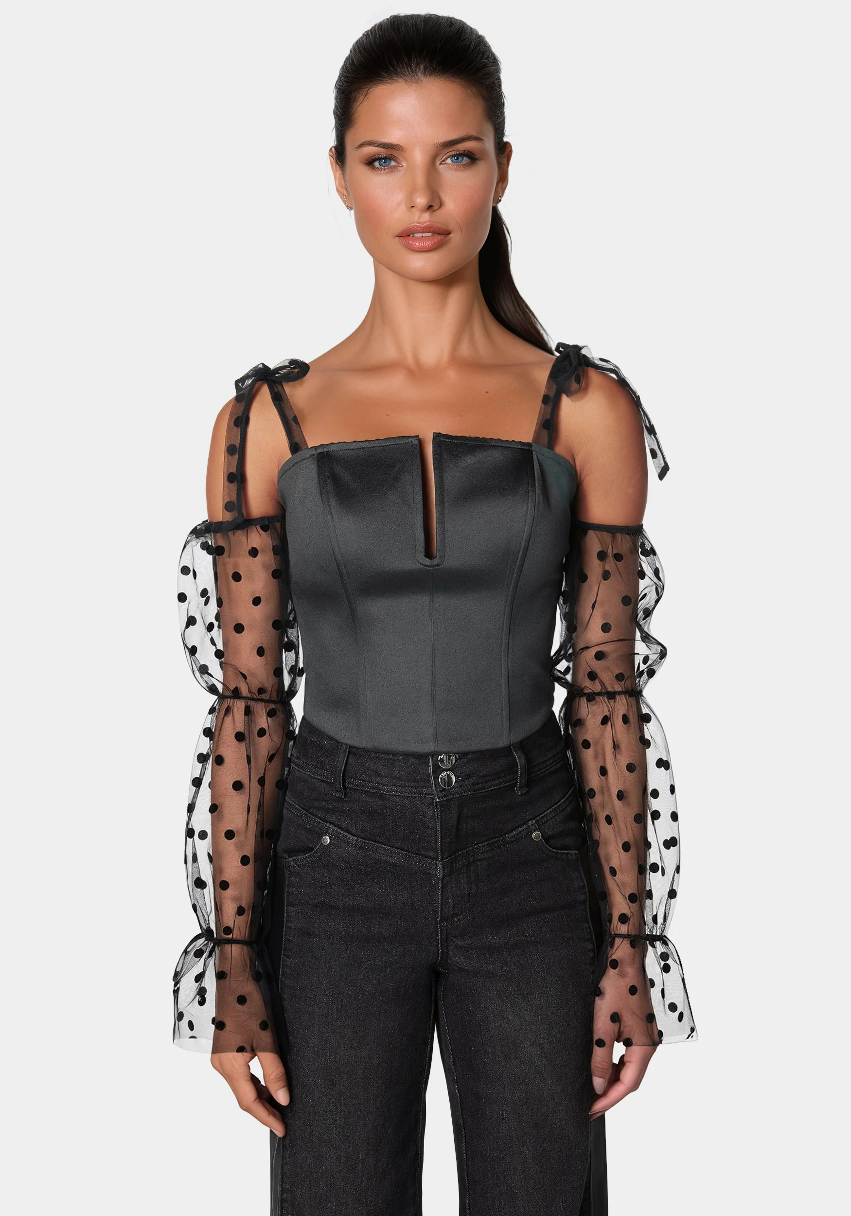 Image of Swiss Dot Sleeve Satin Corset