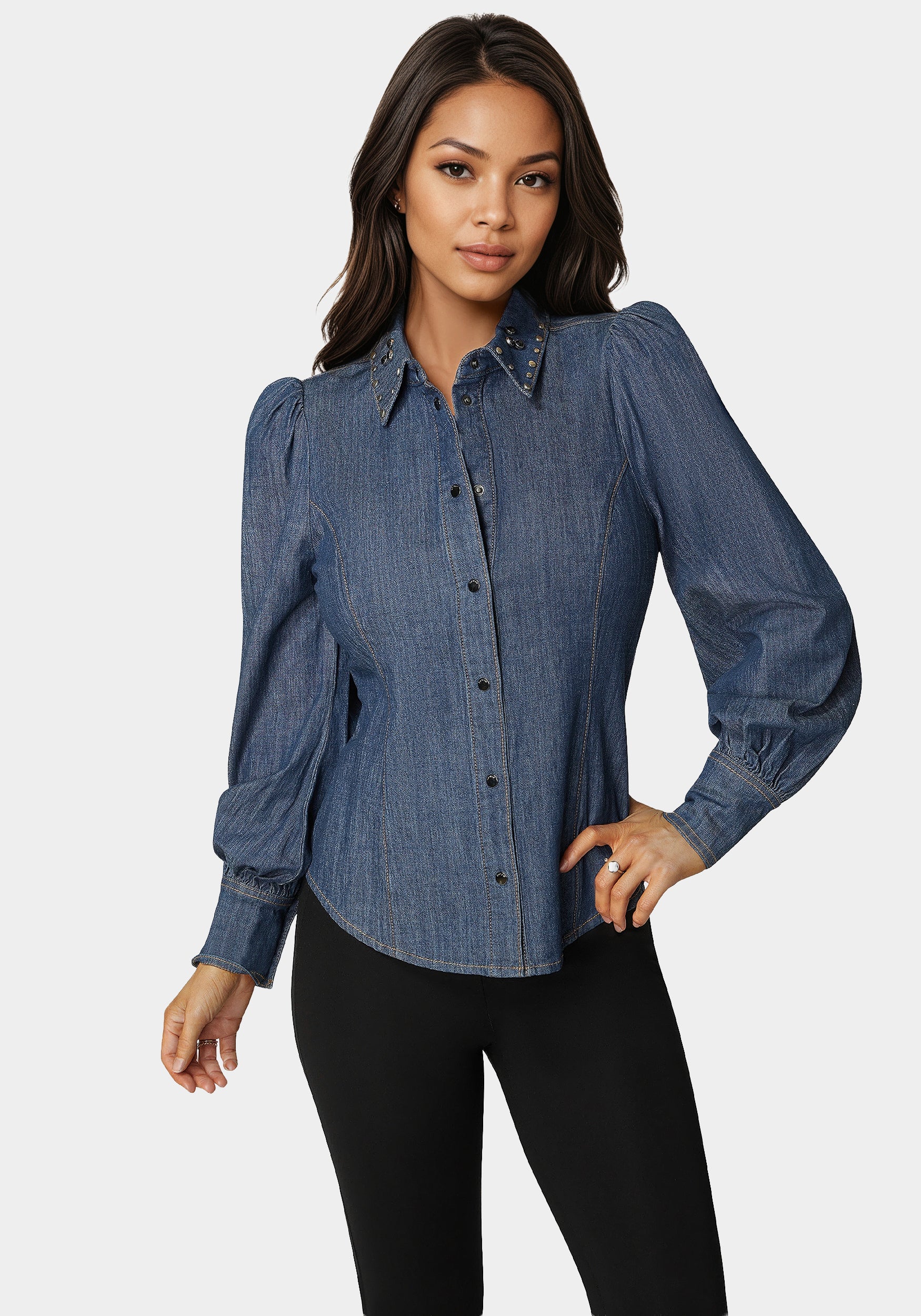 Image of Button Front Studded Collar Denim Shirt