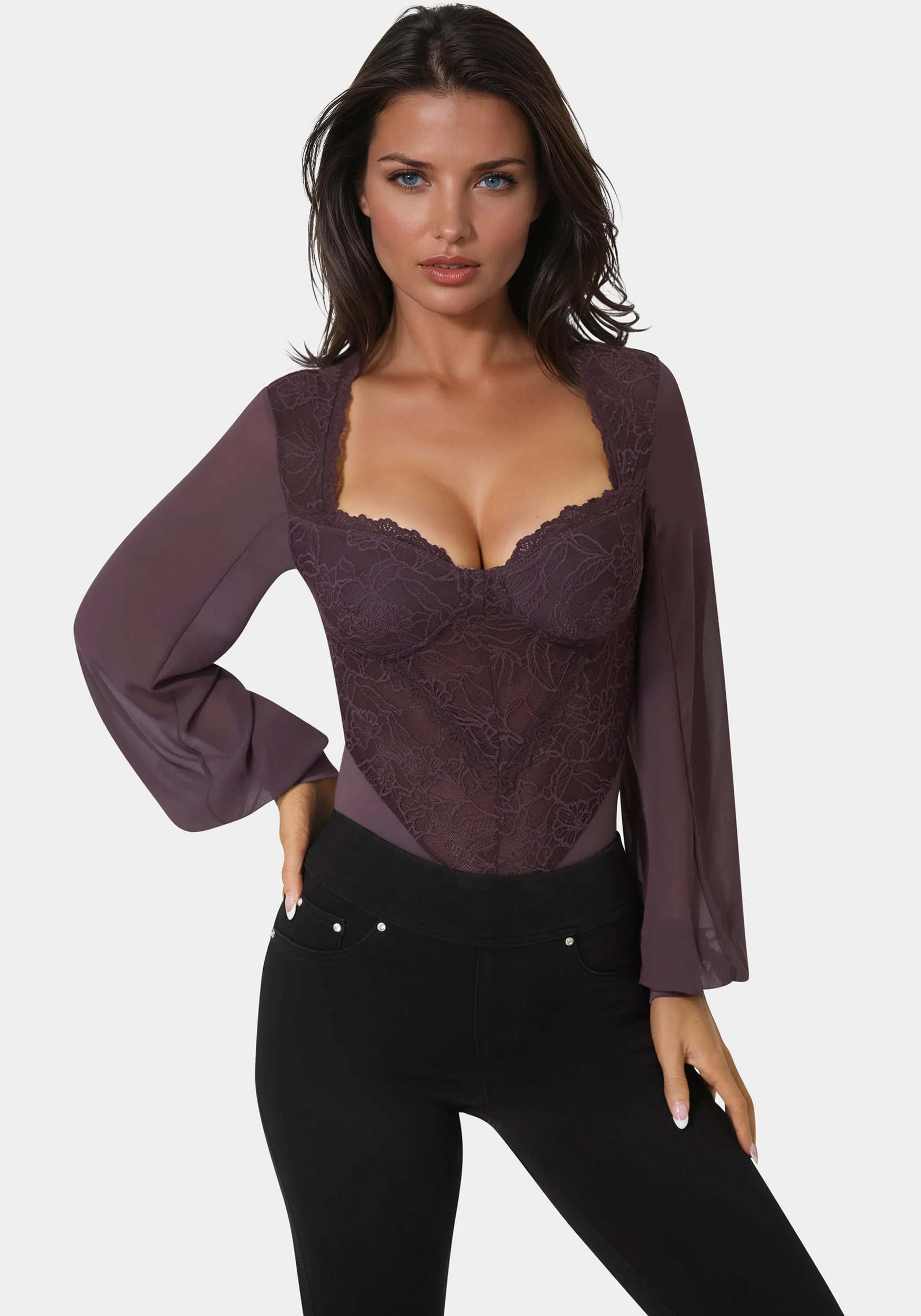 Image of Lace Chiffon Long Sleeve Bodysuit