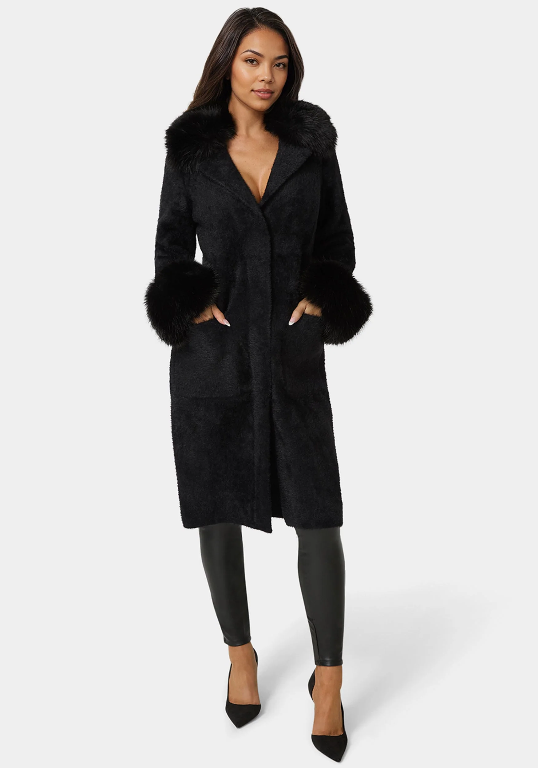Image of Faux Fur Collar And Cuff Long Coat