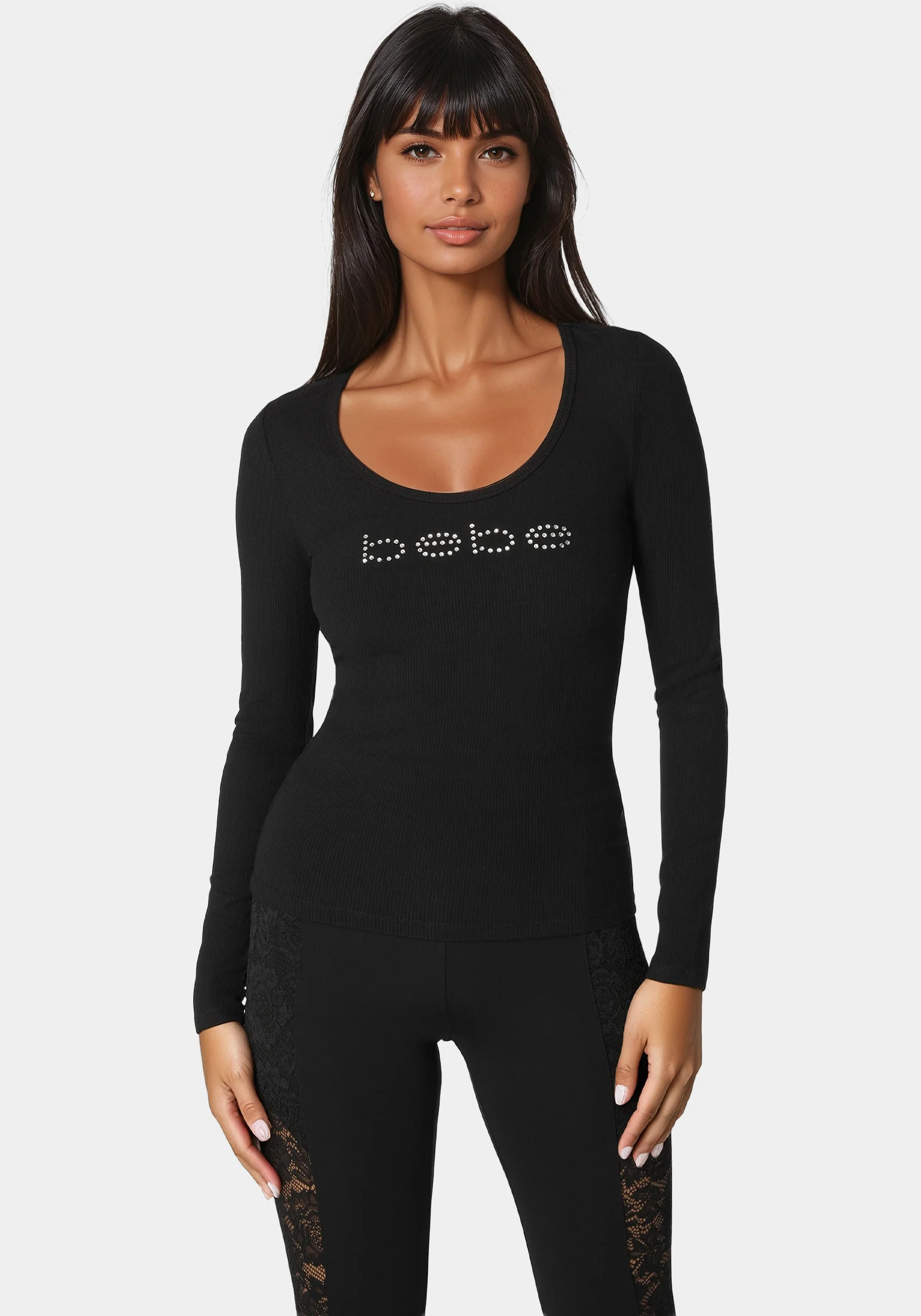Image of Bebe Logo Long Sleeve Scoop Neck Single Stone Rib Top