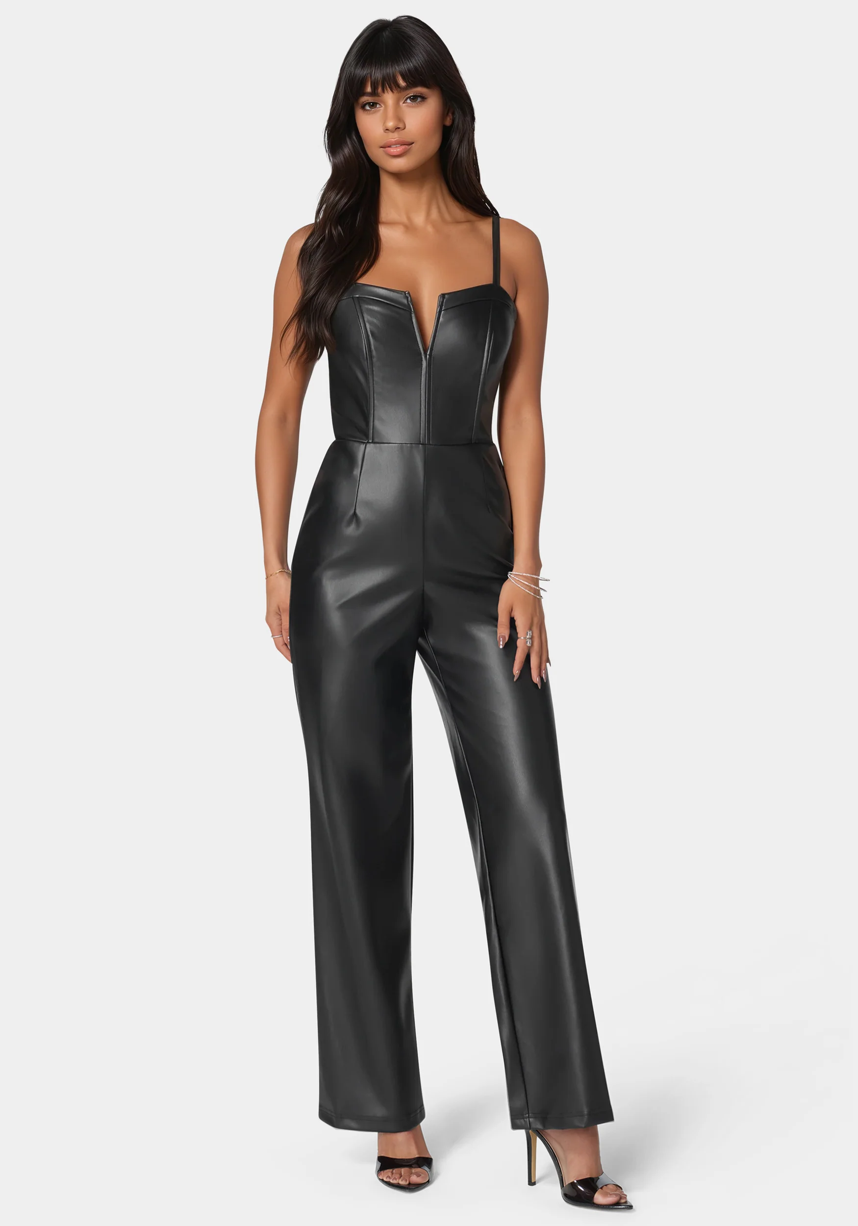 Image of Faux Leather Cropped Leg Jumpsuit