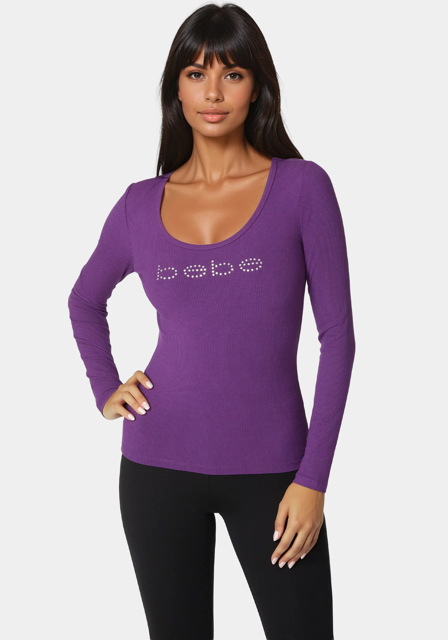 Image of Bebe Logo Long Sleeve Scoop Neck Single Stone Rib Top