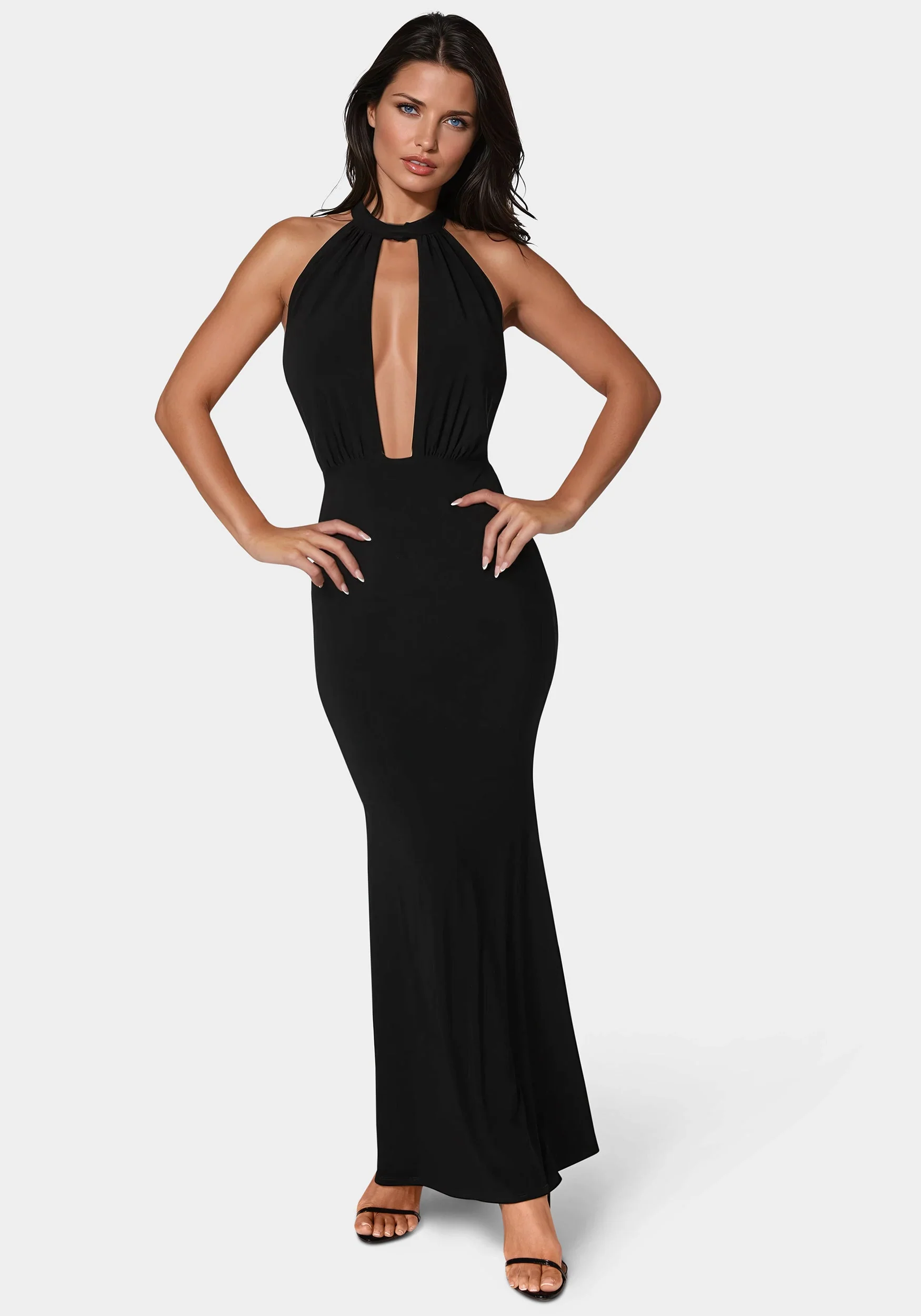 Image of Plunge Neck Halter Floor Length Dress