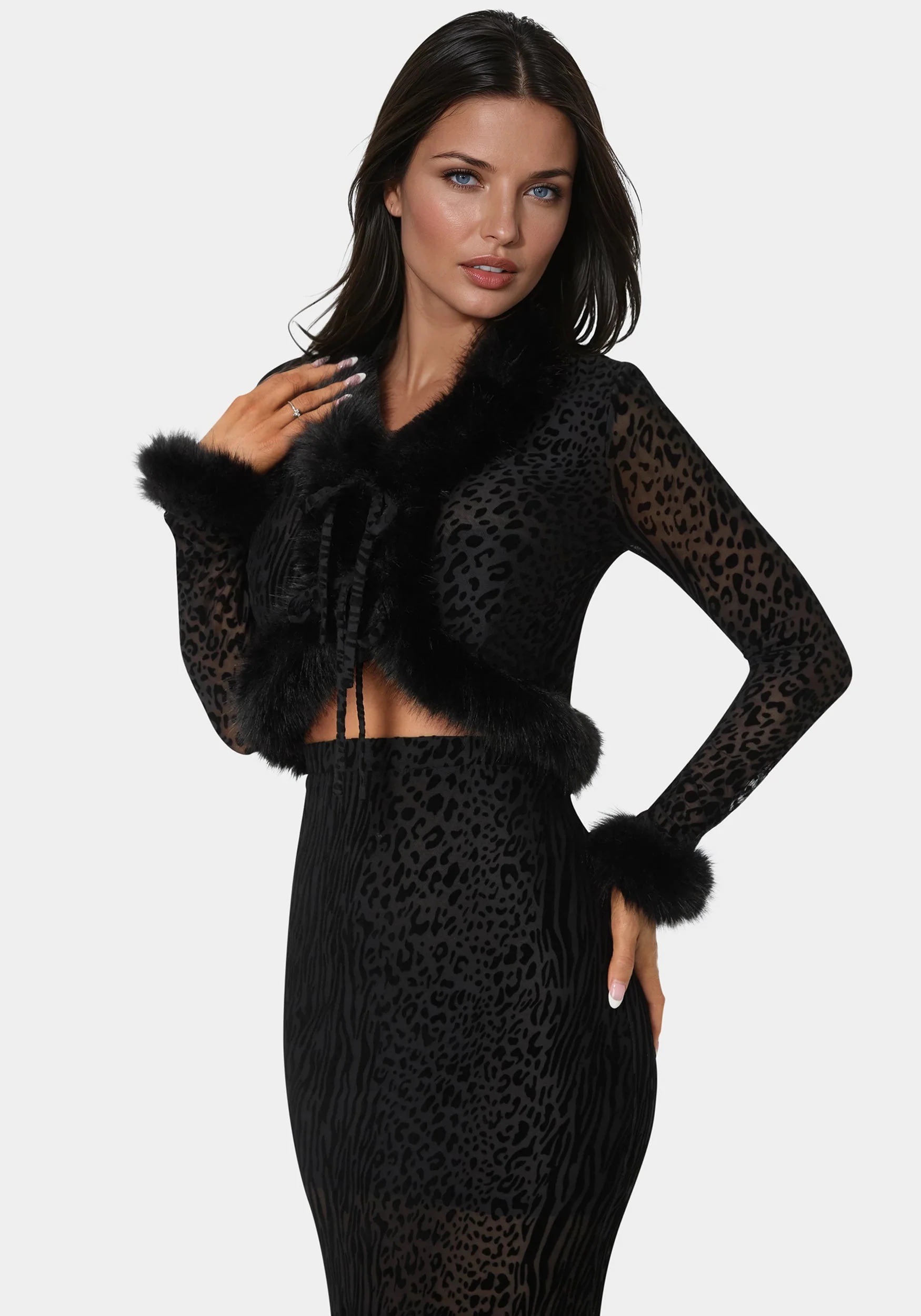 Image of Animal Mesh Faux Fur Trim Long Sleeve Top