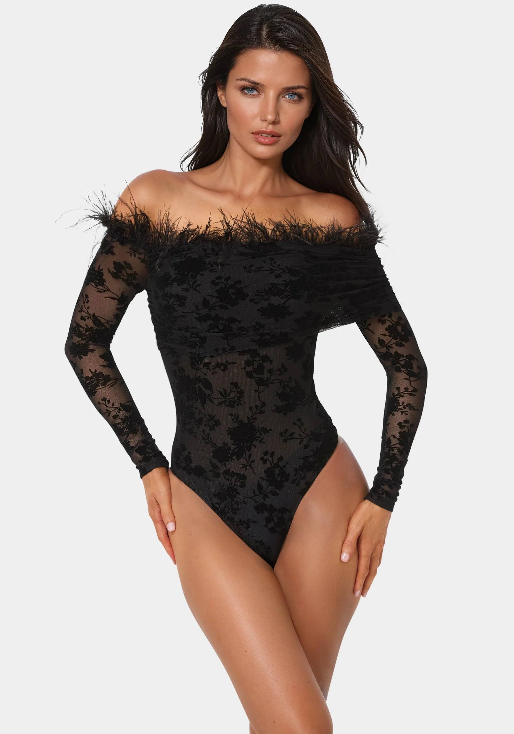 Image of Off Shoulder Feather Bodysuit