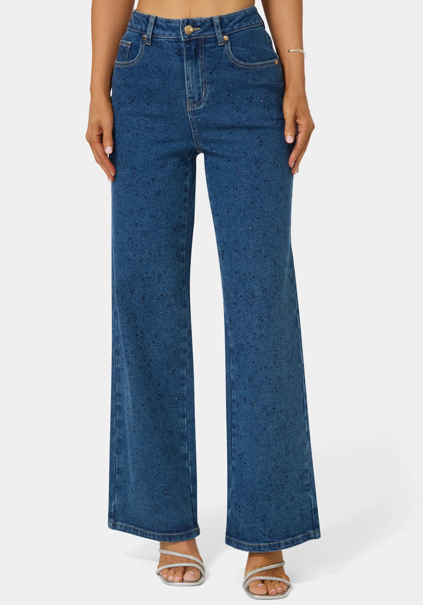 Image of Natural Waist Rhinestone Wide Leg Jeans