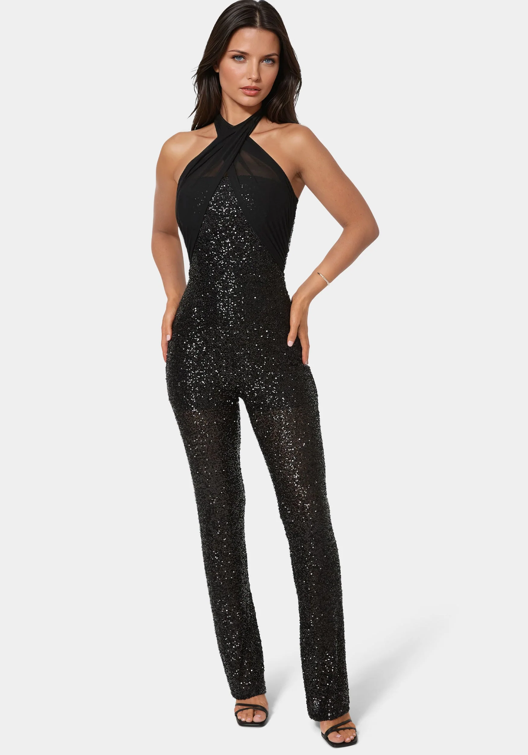 Image of Sequin Halter Mini Flare Leg Jumpsuit