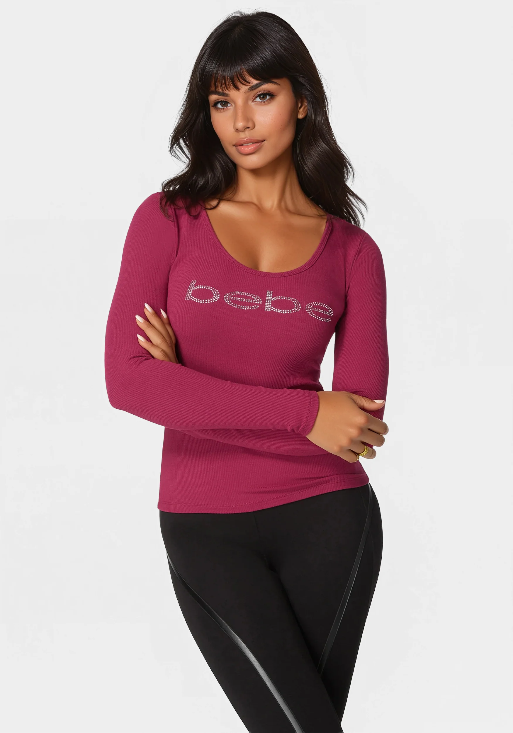 Image of Long Sleeve Scoop Neck Bebe Logo Rib Top