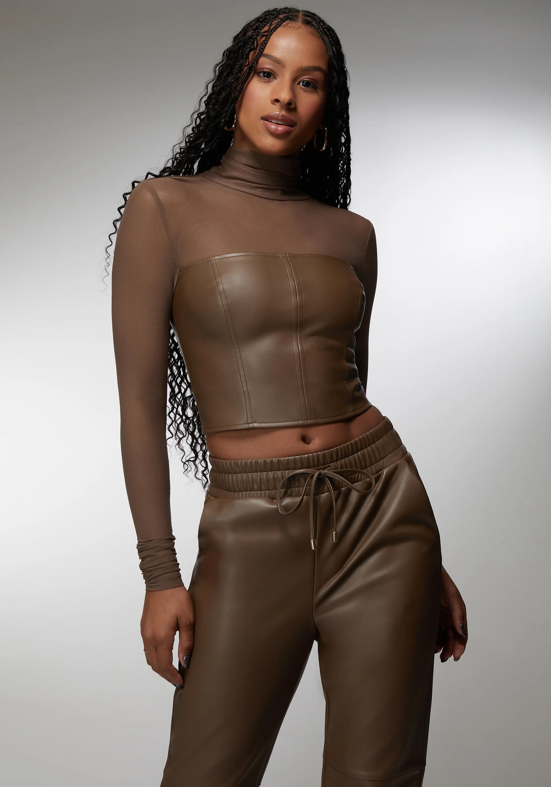 Image of Mock Neck Mesh Combo Vegan Leather Top