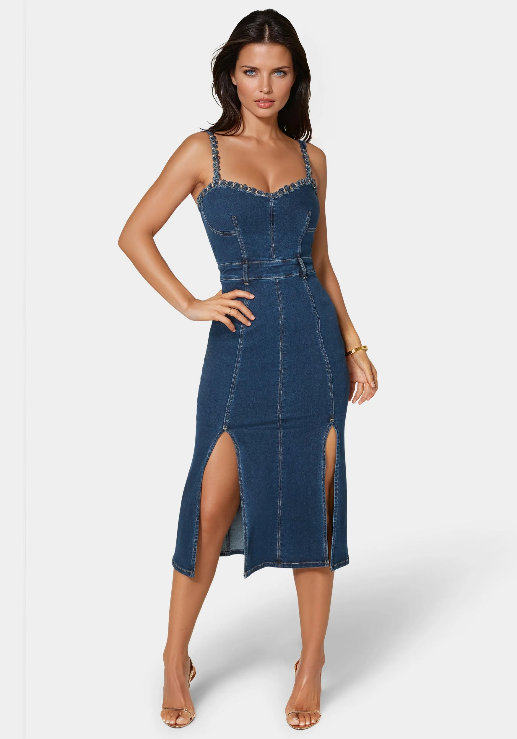 Image of Neckline Chain Trim Midi Denim Dress