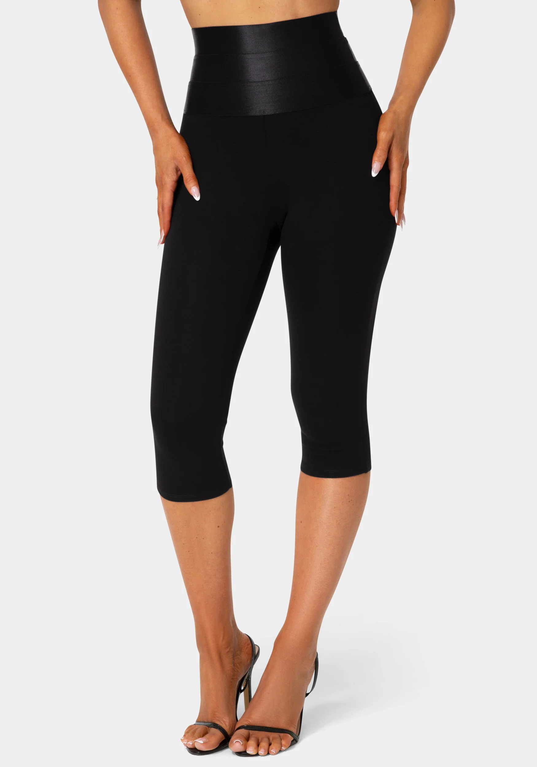 Image of High Waist Satin Elastic Capri Legging
