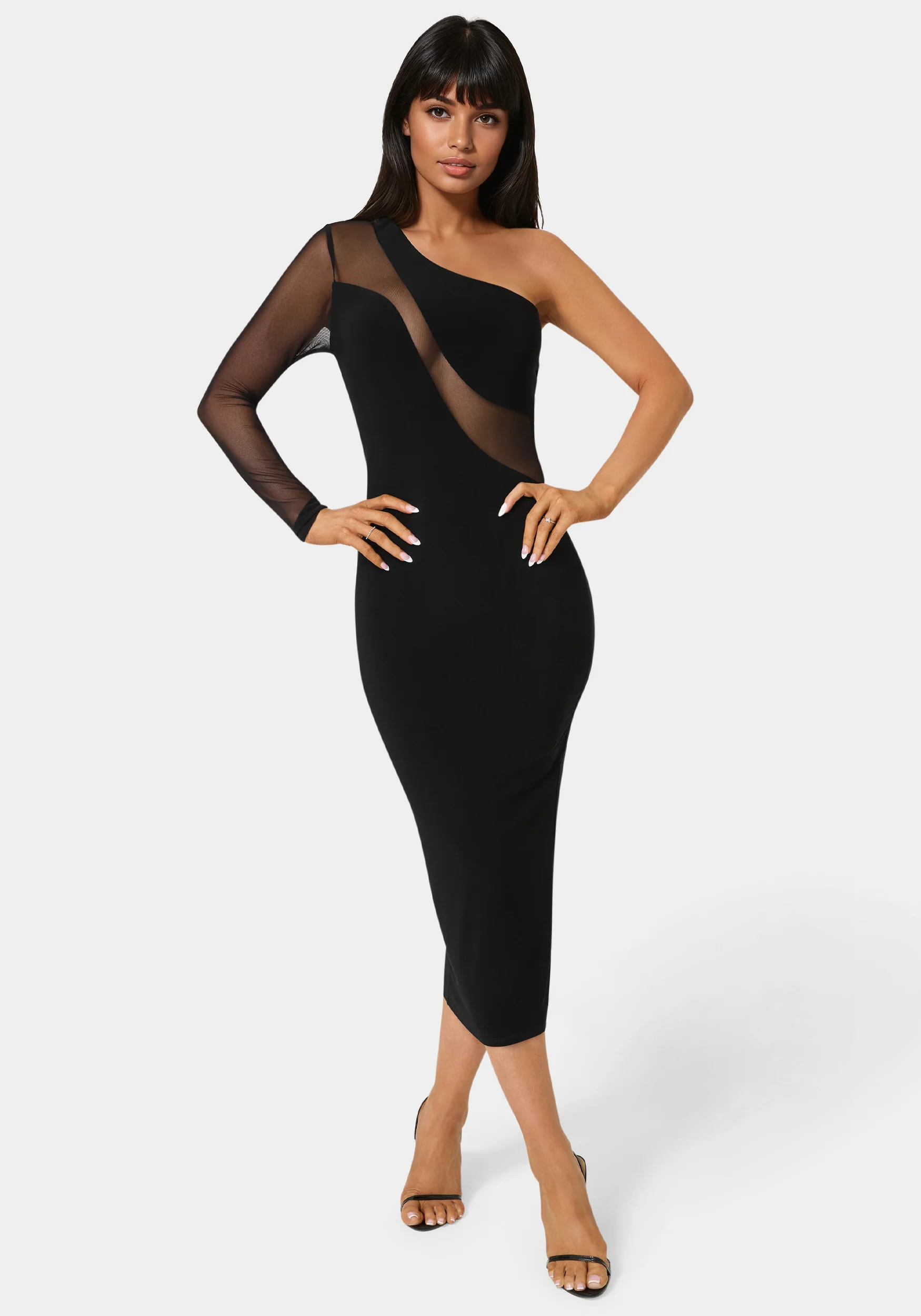 Image of One Shoulder Mesh Insert Midi Dress