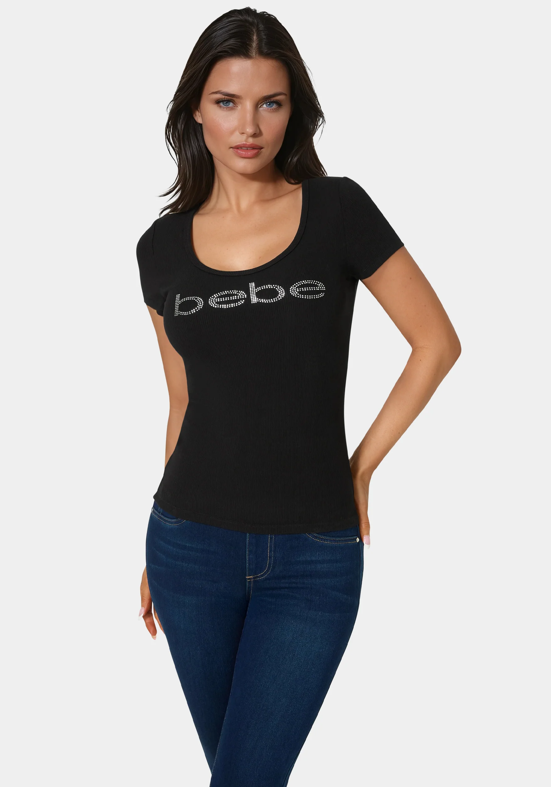 Image of Bebe Logo Short Sleeve Round Neck Rib Top