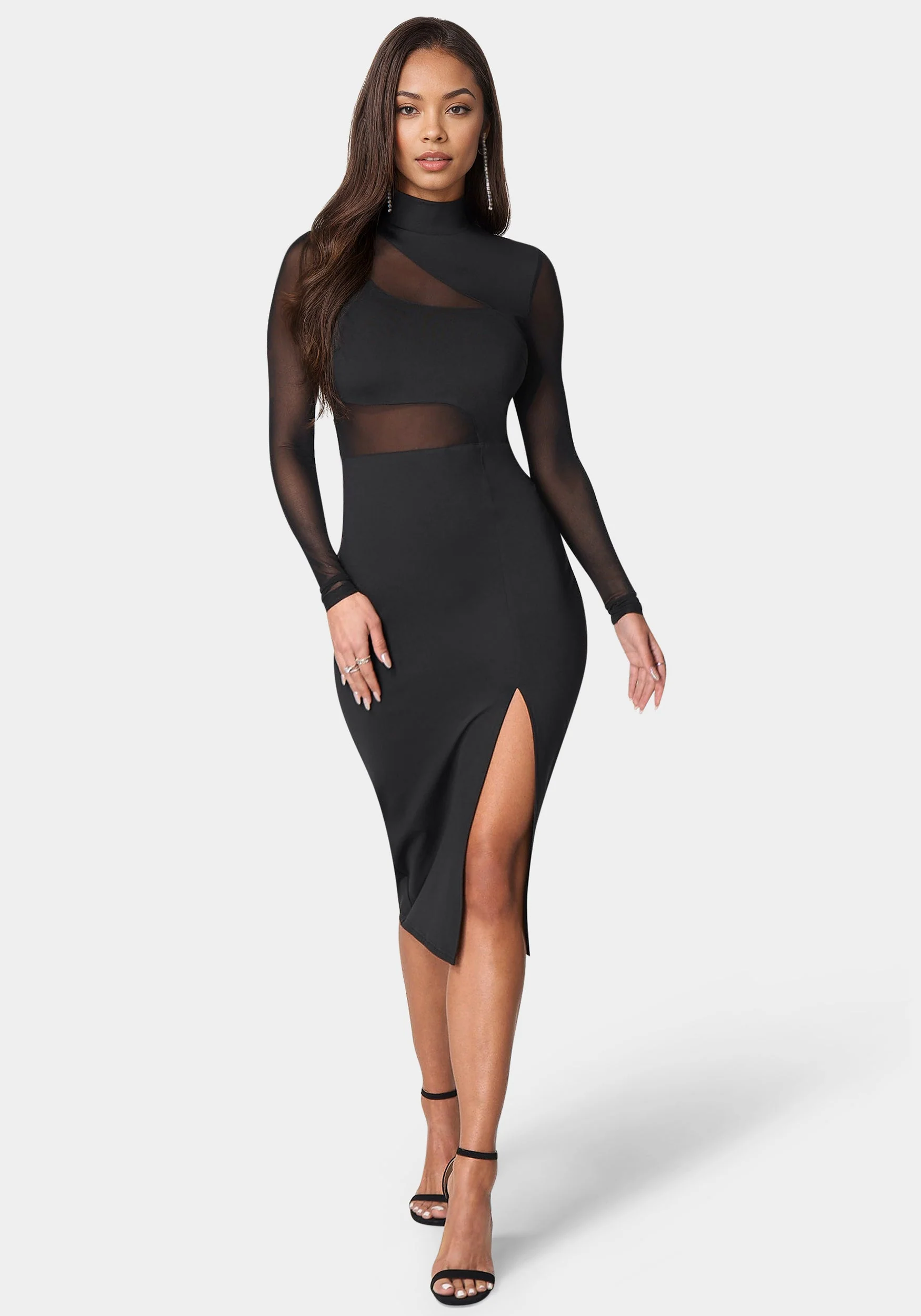 Image of Mesh Inset Long Sleeve Midi Dress