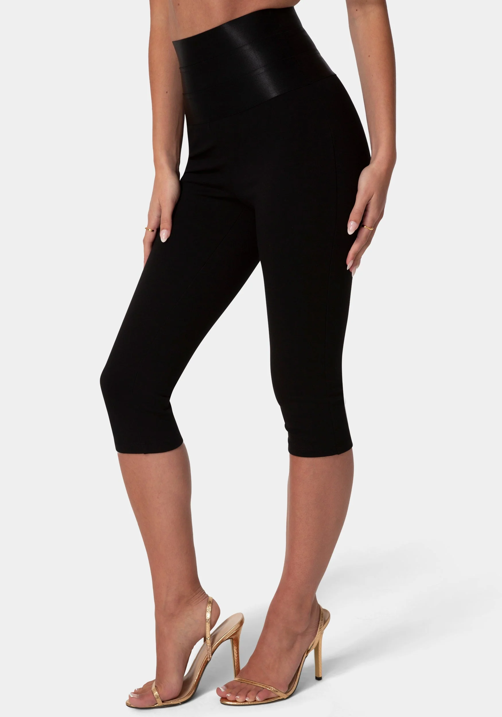 Image of High Waist Satin Elastic Capri Legging