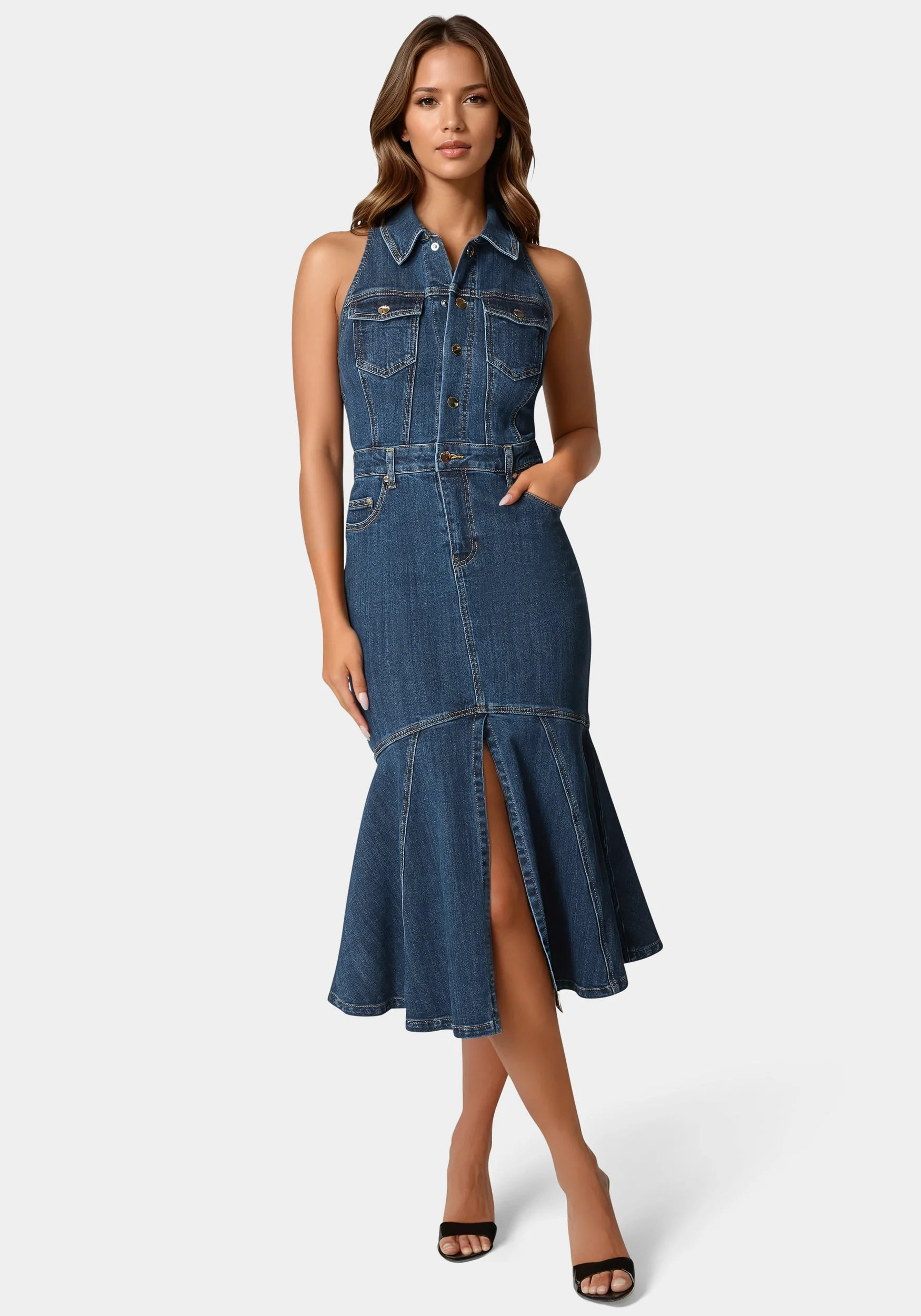 Image of Halter Midi Denim Dress