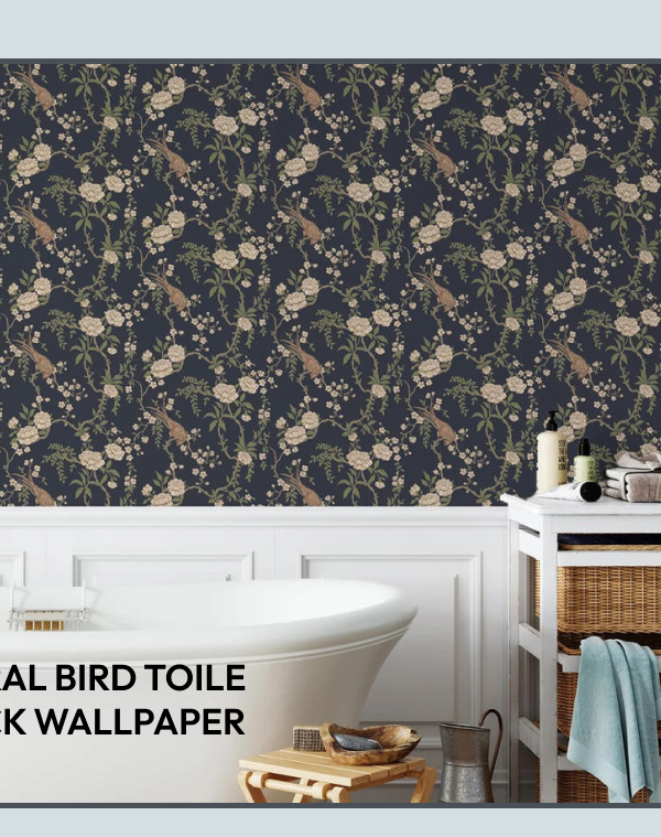 Floral Bird Toile Black Wallpaper