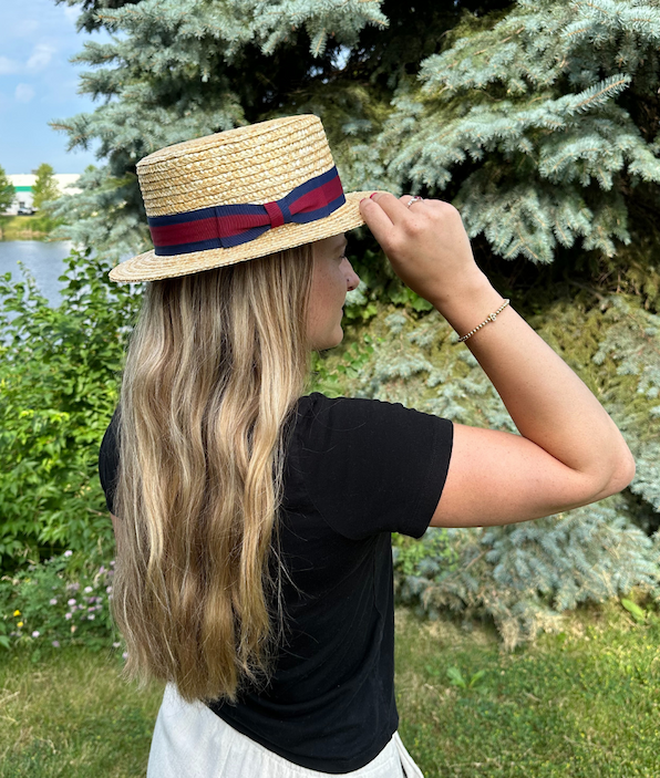 Woman wearing CTM® Straw 2 Inch Brim Boater Hat
