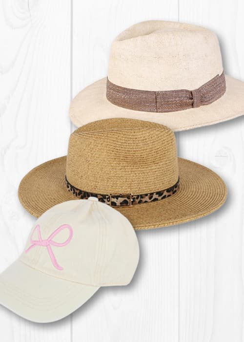 white baseball cap, braided fedora sun hat, and white fedora