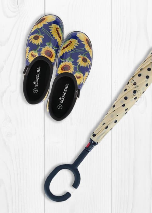 Sunflower rain shoes and polka dot umbrella