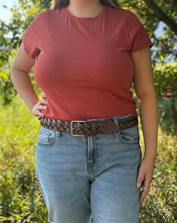 Woman wearing brown belt