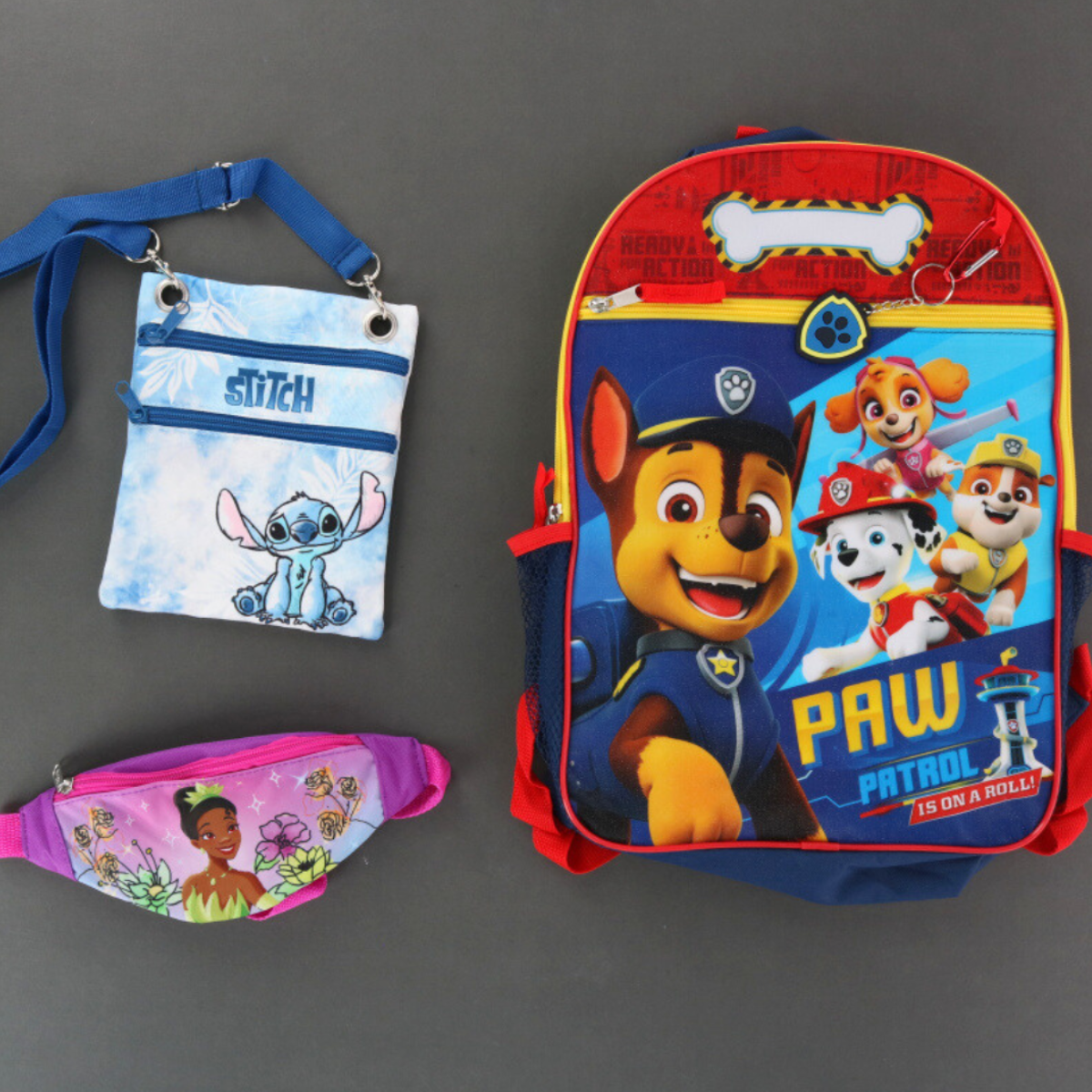 Children's bags for back to school with paw patrol, stitch and princess Tiana 