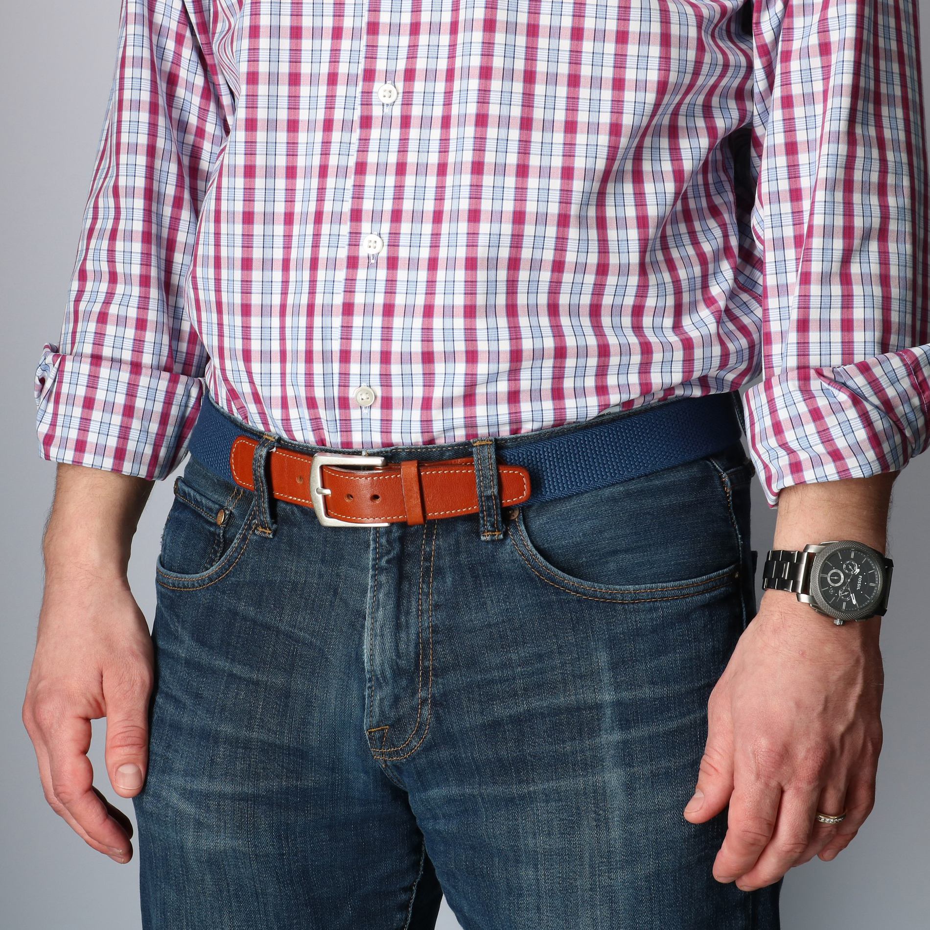 Man wearing CrookhornDavis Men's Newport Pique Cotton Woven Elastic Belt