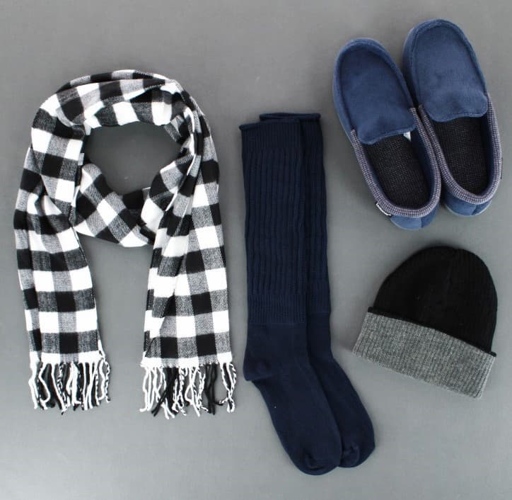 Scarf, socks, hat, and slippers